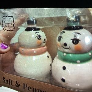 New Johanna Parker Snowmen Salt and Pepper Shakers - light green and pink